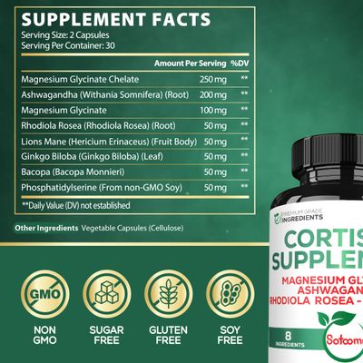 Satoomi 8in1 Cortisol Manager - Supplement with Magnesium Glycinate, Ashwagandha, Rhodiola Rosea, Lions Mane More - Cortisol Reducer Men Women - 60 Capsules