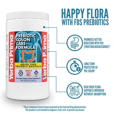 Yerba Prima Prebiotic Colon Care Formula, 20 oz Powder with FOS - Natural Psyllium Fiber, Magnesium, Selenium - Non-GMO, Gluten Free, Vegan Daily Supplement - for Men Women