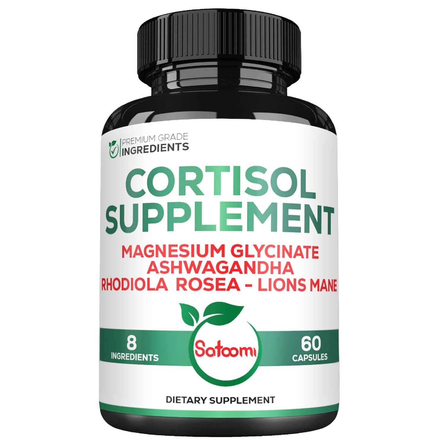 Satoomi 8in1 Cortisol Manager - Supplement with Magnesium Glycinate, Ashwagandha, Rhodiola Rosea, Lions Mane More - Cortisol Reducer Men Women - 60 Capsules