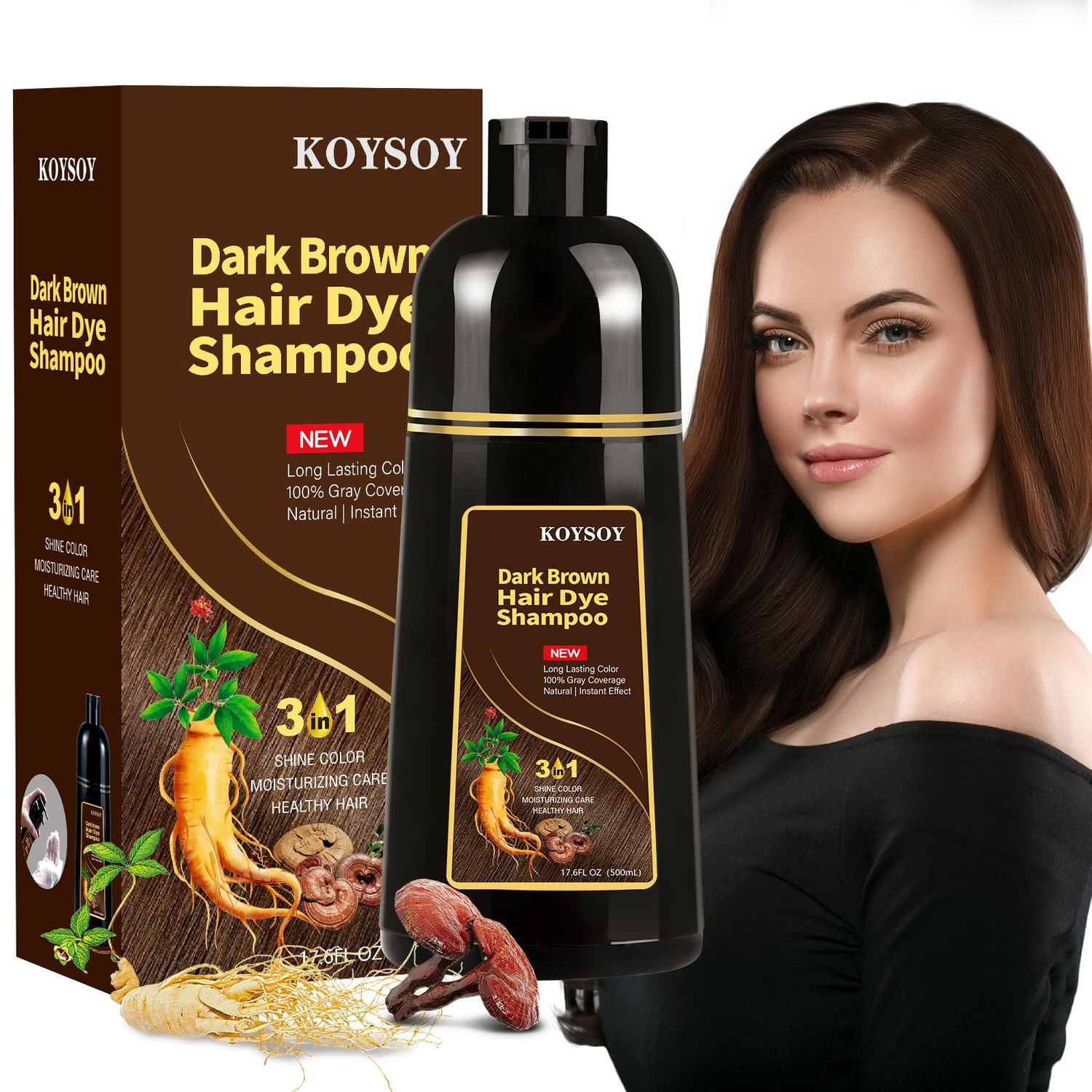 KOYSOY Dark Brown Hair Dye Shampoo 3 in 1, 100 Covers Gray Hair, Convenient and Effective Salon Alternative (500mL, 17.6 Fl Oz)
