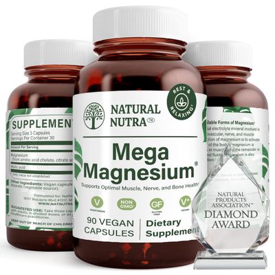 Natural Nutra Mega Magnesium 400mg Supplement - High Absorption Amino Acid Chelate, Better Vibes, Citrate, Malate Blend for Muscle Growth, Bone Strength, Heart Health, Nerve Support - 90 Capsules