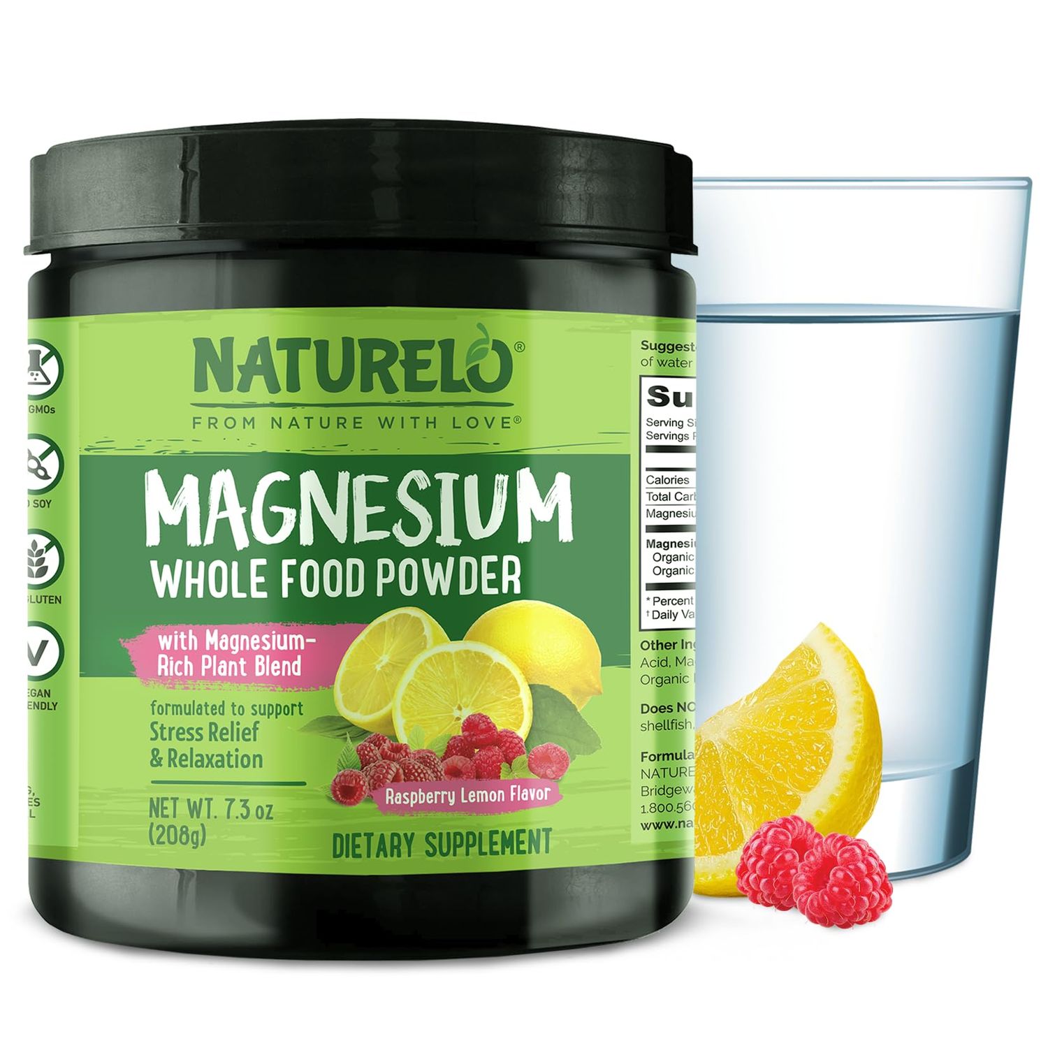 NATURELO Magnesium Powder - Whole Food Calm Magnesium Powder with Quinoa, Cauliflower, Flaxseed for Stress Relief, Raspberry Lemon 40 Servings, 7oz