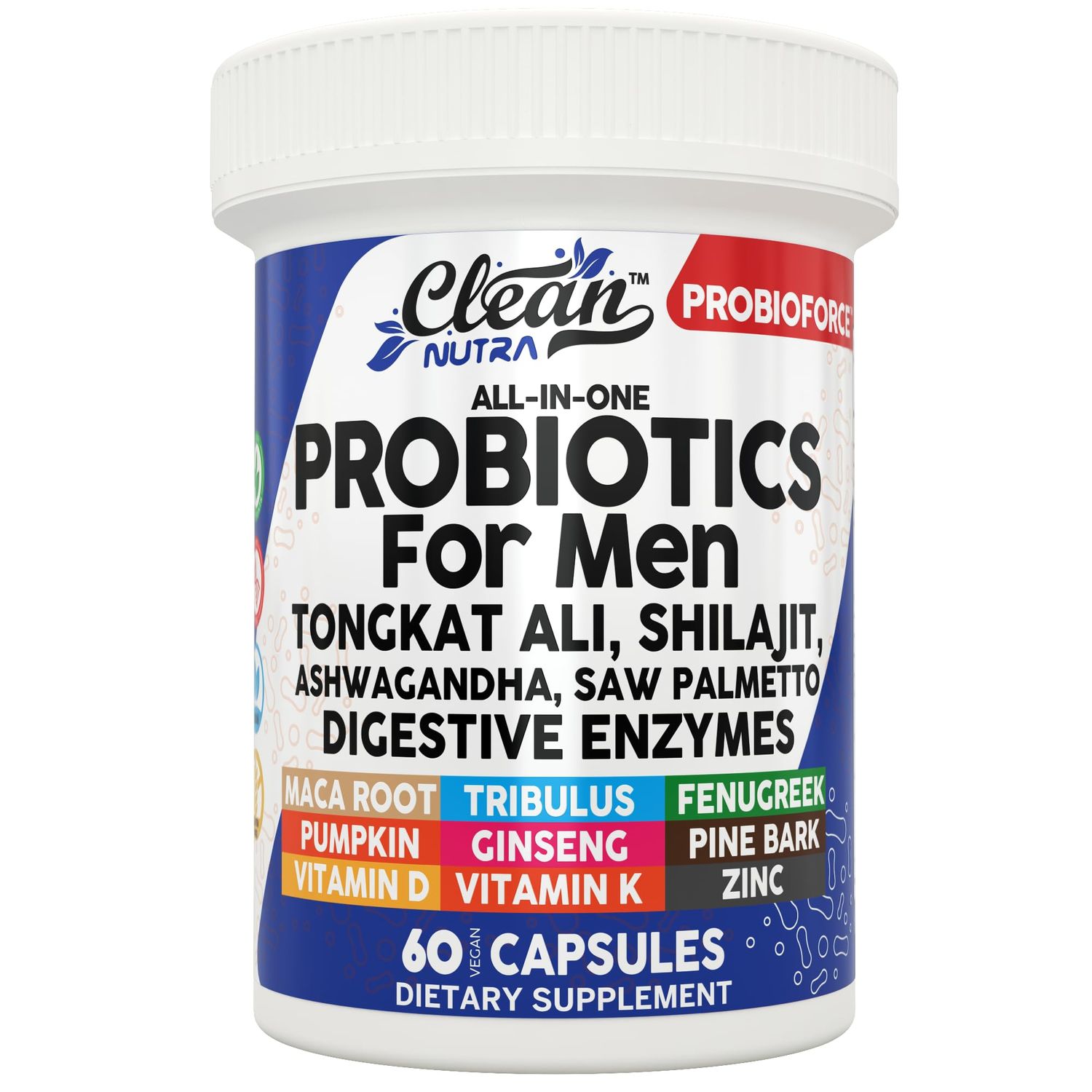 Clean Nutra Probiotics for Men Tongkat Ali, Saw Palmetto, Tribulus, Ginseng, Ashwagandha, Maca, Pumpkin, Gingko Biloba, Pine Bark, Fenugreek, Shilajit, Zinc - Mens Probiotic 60 Capsules