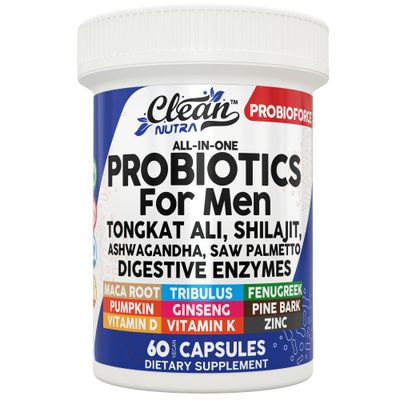 Clean Nutra Probiotics for Men Tongkat Ali, Saw Palmetto, Tribulus, Ginseng, Ashwagandha, Maca, Pumpkin, Gingko Biloba, Pine Bark, Fenugreek, Shilajit, Zinc - Mens Probiotic 60 Capsules