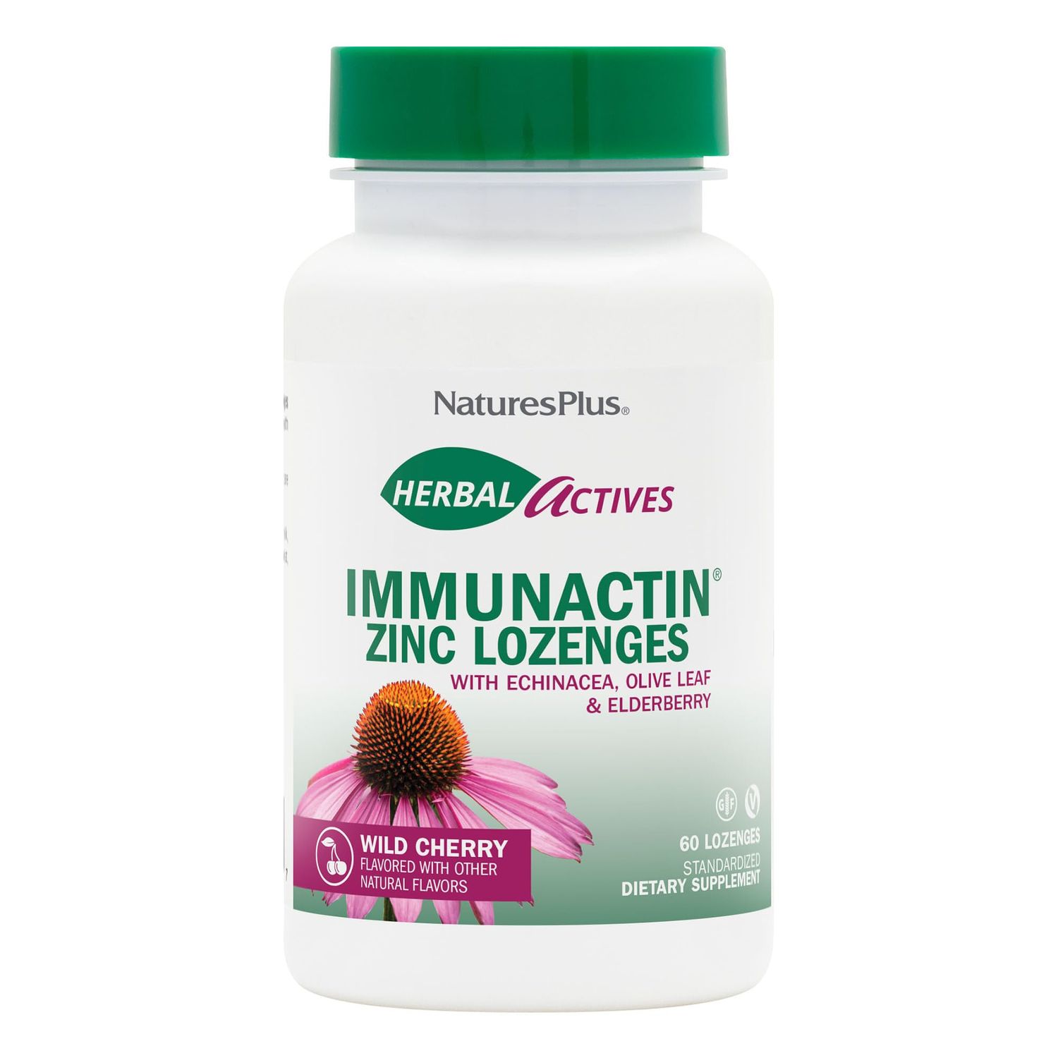 NaturesPlus Herbal Actives ImmunActin Zinc Lozenges - 10 mg Zinc, 60 Vegan Lozenges - Wild Cherry Flavor - Immune Booster with Echinacea Elderberry - Vegetarian, Gluten-Free - 60 Servings