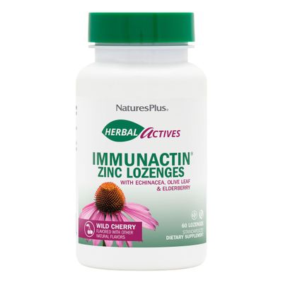 NaturesPlus Herbal Actives ImmunActin Zinc Lozenges - 10 mg Zinc, 60 Vegan Lozenges - Wild Cherry Flavor - Immune Booster with Echinacea Elderberry - Vegetarian, Gluten-Free - 60 Servings