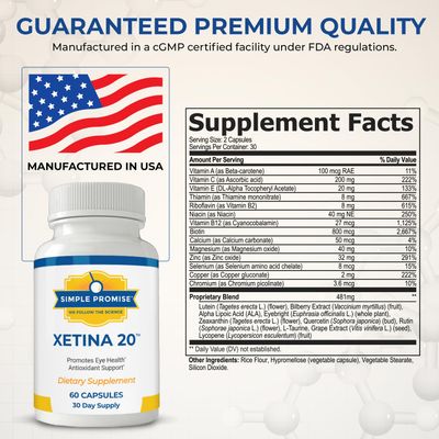 Simple Promise - Xetina 20 Lutein and Zeaxanthin Supplements - Essential Support for Eye Health with Vitamins E, Eyebright, Zinc, Grape Seed Extract, Rutin Bilberry - 60 Capsules