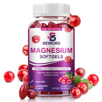 BEWORD Magnesium Citrate Softgels 500mg, 90 Capsules - with Calcium, Vitamin D3K2, B6 Cranberry Extract Sleep Support, Nervous System Balance, Muscle Bone Health Non-GMO Vegan Softgel(1 Pack)