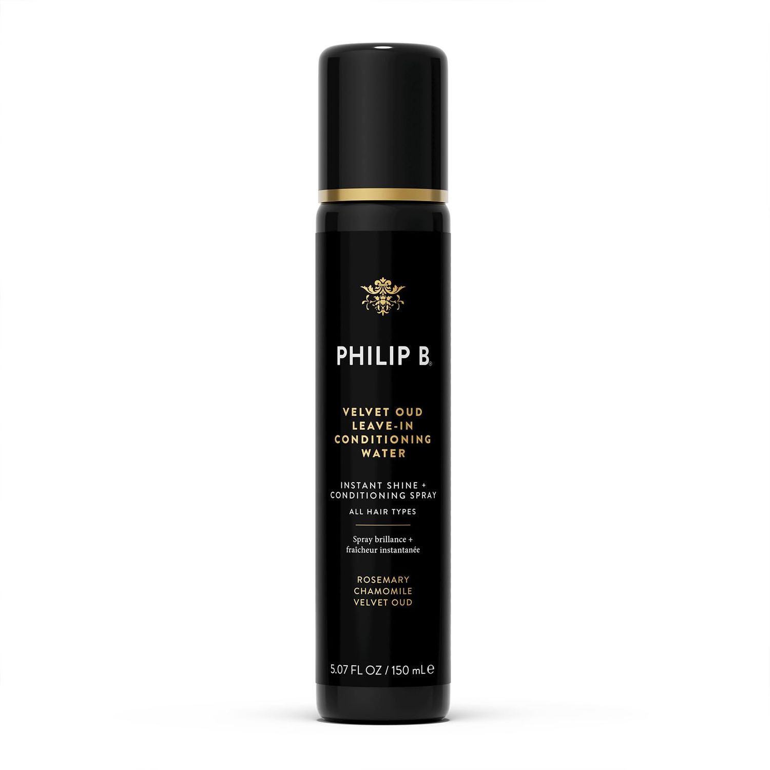 PHILIP B. Velvet Oud Leave-in Conditioning Water, 5.07 Fl. Oz. (150 ml) - Instant Shine and Conditioning Spray With Rosemary and Chamomile