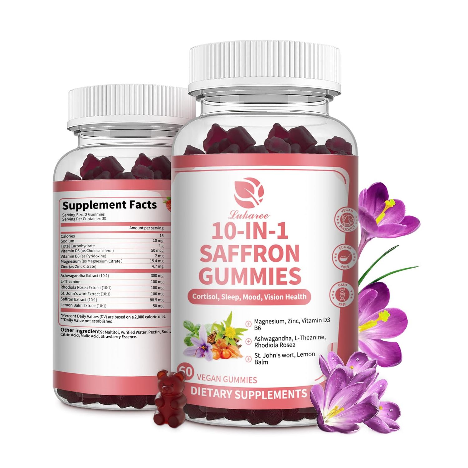 10 IN 1 Saffron Supplements, Sugar Free Saffron Gummies with Ashwagandha, L-Theanine, Rhodiola Rosea, St. John&#39;s Wort, Lemon Balm, Vitamin D3 B6, Magnesium Zinc - Vision, Zzz, Mood, Focus Cortisol