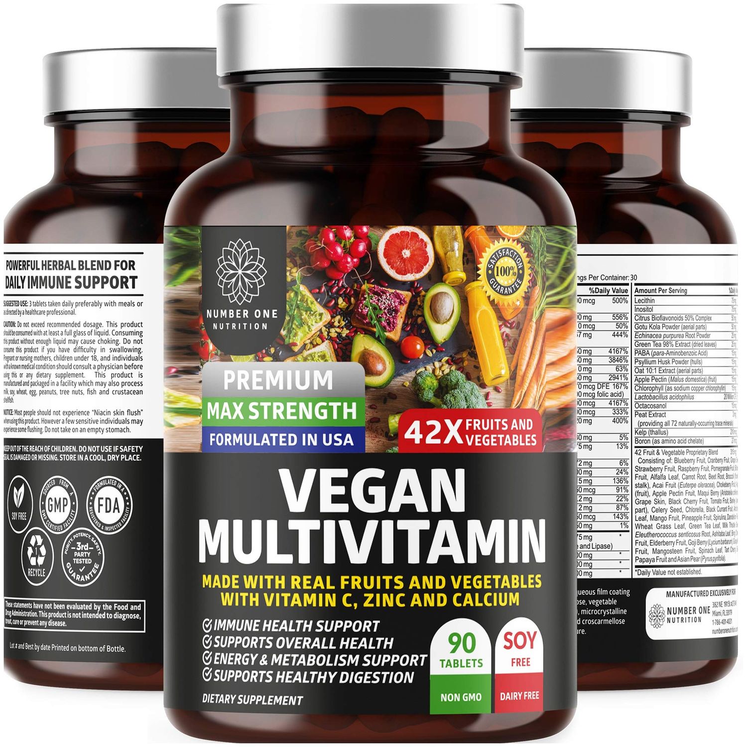 N1N Premium Plant Based Multivitamin 42 Powerful Ingredients Men Women Daily Multivitamins with Raw Veggies and Fruits, Probiotics, Alfalfa, Echinacea, Spirulina and Digestive Enzymes, 90 Tablets