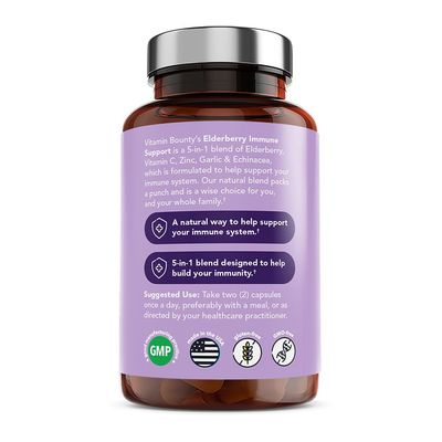 Vitamin Bounty Elderberry Organic Elderberry Capsules for Adults - Elderberry Vitamin C and Zinc Supplement, Echinacea, Immune System Support, Advanced 5-in-1 Blend, Non-GMO - 60 Capsules