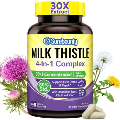 Surebounty 4-in-1 Milk Thistle Complex, 9000 mg Strength, 30X Concentrated Seed Extract, with Dandelion, Choline, Zinc, Fatty Liver Supplements, Liver Support, Non-GMO, 90 Veggie Caps, 3 Month Supply