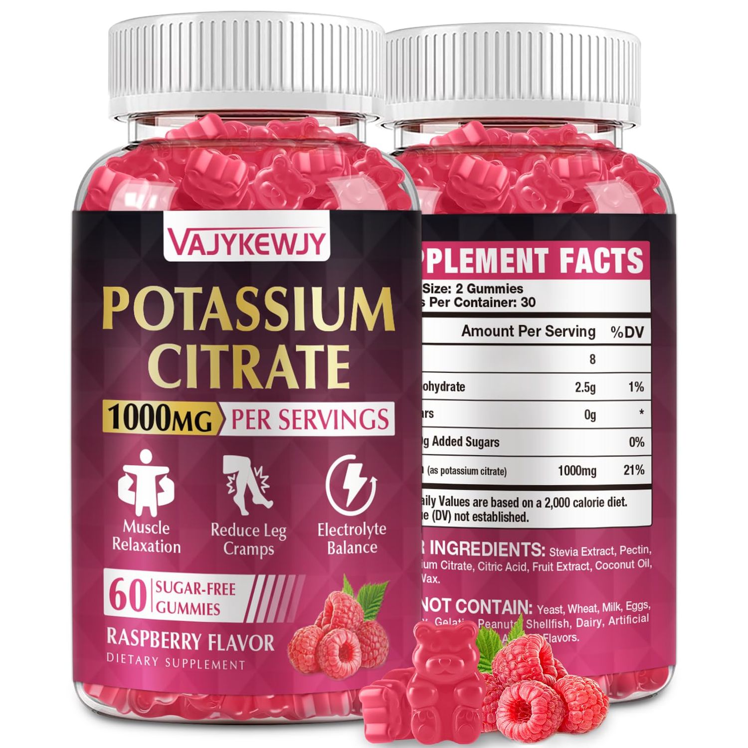 Potassium Citrate Gummies, High Potassium Supplement (1000mg), Supports Leg Cramps Muscle Health, Suitable for Adults Kids, Vegan, Non-GMO, 60-Count