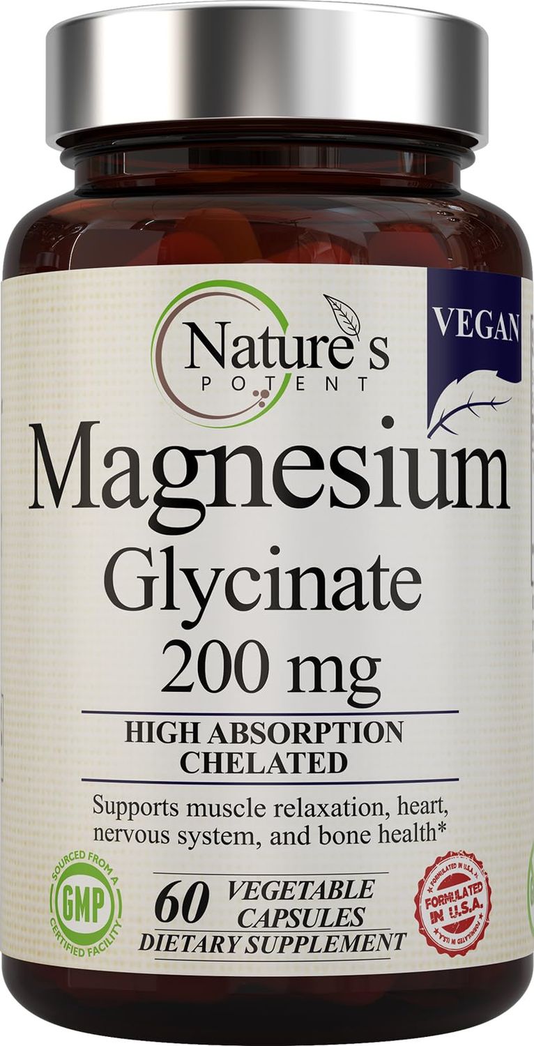 Nature s Potent Magnesium Glycinate 200mg High Absorption Chelated Magnesium Sleep, Calm Muscle Cramp Support Vegan Supplement 60 Capsules