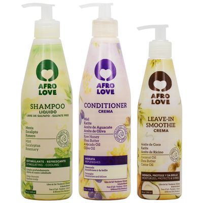 Afro Love Shampoo, Conditioner Leave-In Smoothie Set - 16oz Hydrating Shampoo Conditioner 10oz Curl-Defining Leave-In - Sulfate-Free, Moisturizing for Natural, Curly Coily Hair