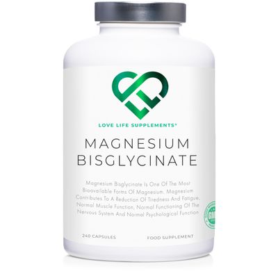 Magnesium Glycinate (Bisglycinate) Chelated Magnesium Supplements 2750mg (303mg Magnesium) 240 Capsules 60 Servings Highly Bioavailable Made in UK - GMP Certified Love Life Supplements