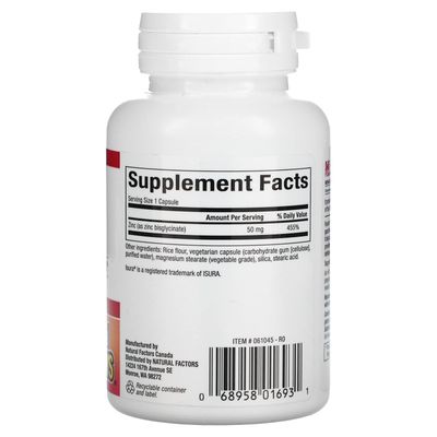 Natural Factors Zinc Bisglycinate, 50 mg, 60 Vegetarian Capsules