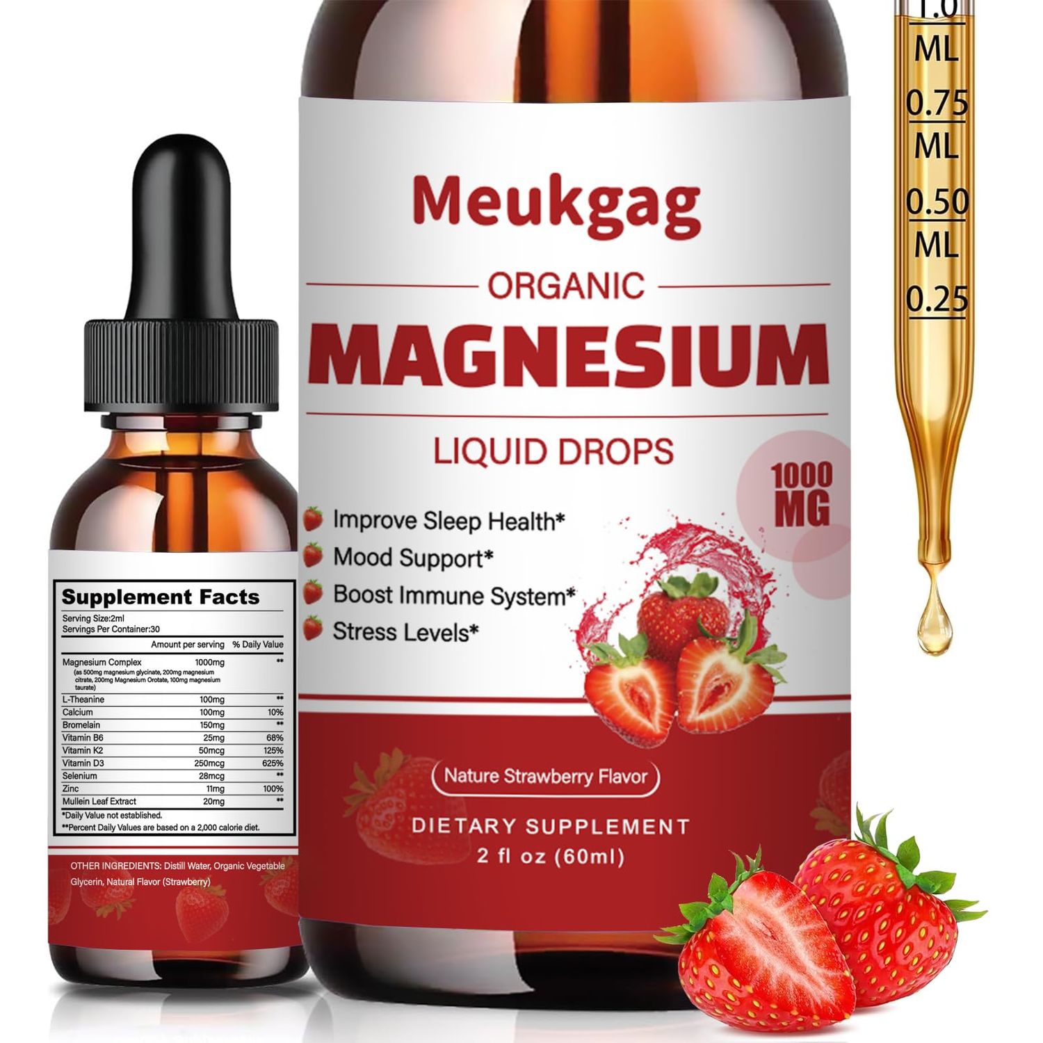 Magnesium Glycinate Liquid - 1000mg Liquid Magnesium Complex Supplement with Bromelain, D3, B6 K2 - Magnesium Glycinate 500mg for Calm MoodMuscle Sleep, Strawberry Flavor, 2fl Oz