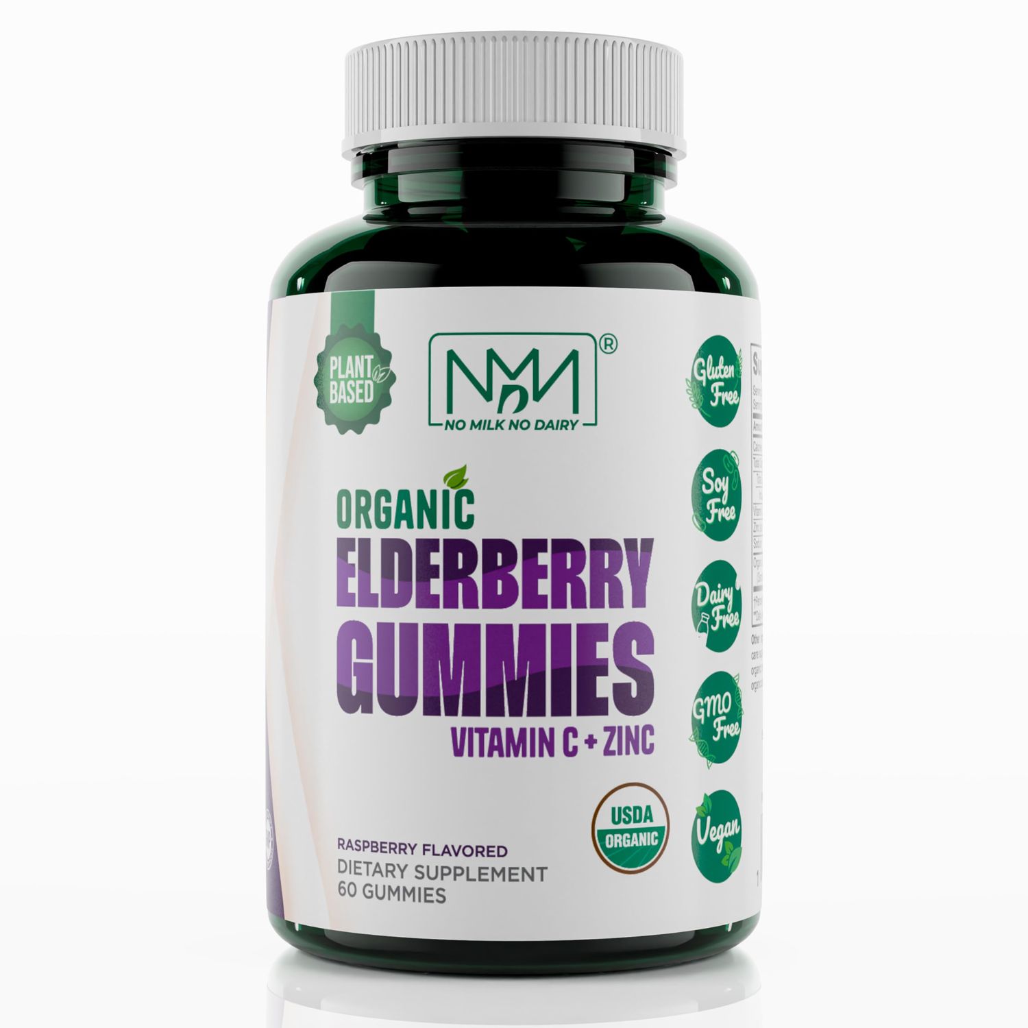 No Milk No Dairy Organic Elderberry Gummies with Zinc and Vitamin C Immune Boosting Sambucus Elderberry Rich in Antioxidants Plant Based, Gluten Free, 60 Vegan Gummies