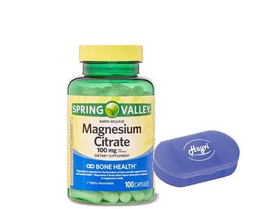 Hayvi Rapid-Release Magnesium Citrate Bone Health Dietary Supplement Capsules, 100 mg, 100 Count, Portable Pill Container (2 Items)