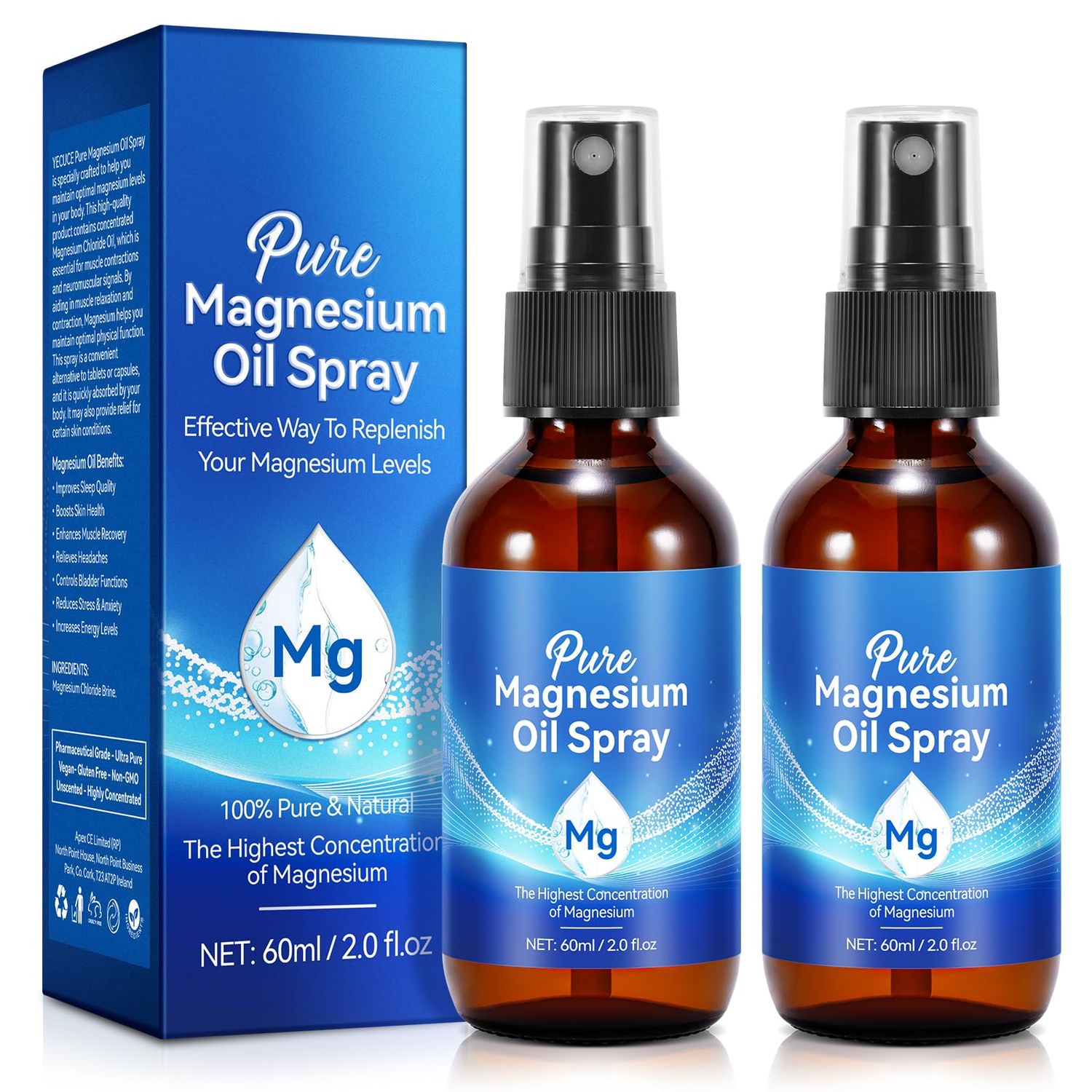 2 Pack Pure Magnesium Oil Spray Organic Natural High Concentration Magnesium Topical Glass Bottle Easy to Use and Absortion Replenish Body&#39;s Magnesium 4 fl oz