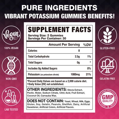 Potassium Citrate Gummies, High Potassium Supplement (1000mg), Supports Leg Cramps Muscle Health, Suitable for Adults Kids, Vegan, Non-GMO, 60-Count