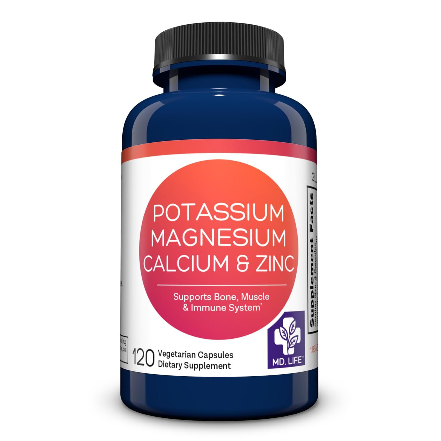 MD. Life Potassium Magnesium Zinc Calcium Supplement - Supports Bone Health Muscle Health - Promotes Calcium Absorption and Immune Function - Magnesium Potassium Zinc Aspartate - 120 Capsules