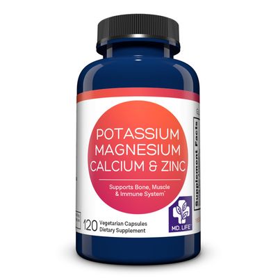 MD. Life Potassium Magnesium Zinc Calcium Supplement - Supports Bone Health Muscle Health - Promotes Calcium Absorption and Immune Function - Magnesium Potassium Zinc Aspartate - 120 Capsules