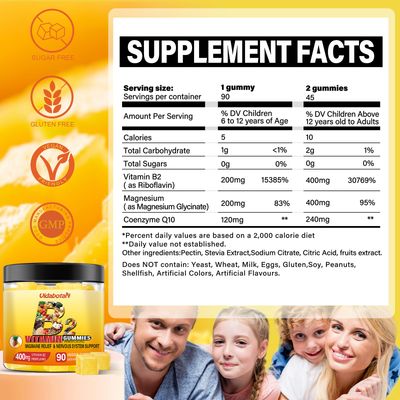 vidabotan Vitamin B2 Gummies- Riboflavin 400mg with Magnesium CoQ10 for Kids Adults, Migraine Relief Headache Relief - Pineapple Flavor, 90 Chewable Gummies