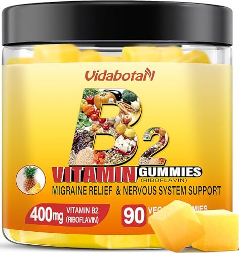 vidabotan Vitamin B2 Gummies- Riboflavin 400mg with Magnesium CoQ10 for Kids Adults, Migraine Relief Headache Relief - Pineapple Flavor, 90 Chewable Gummies