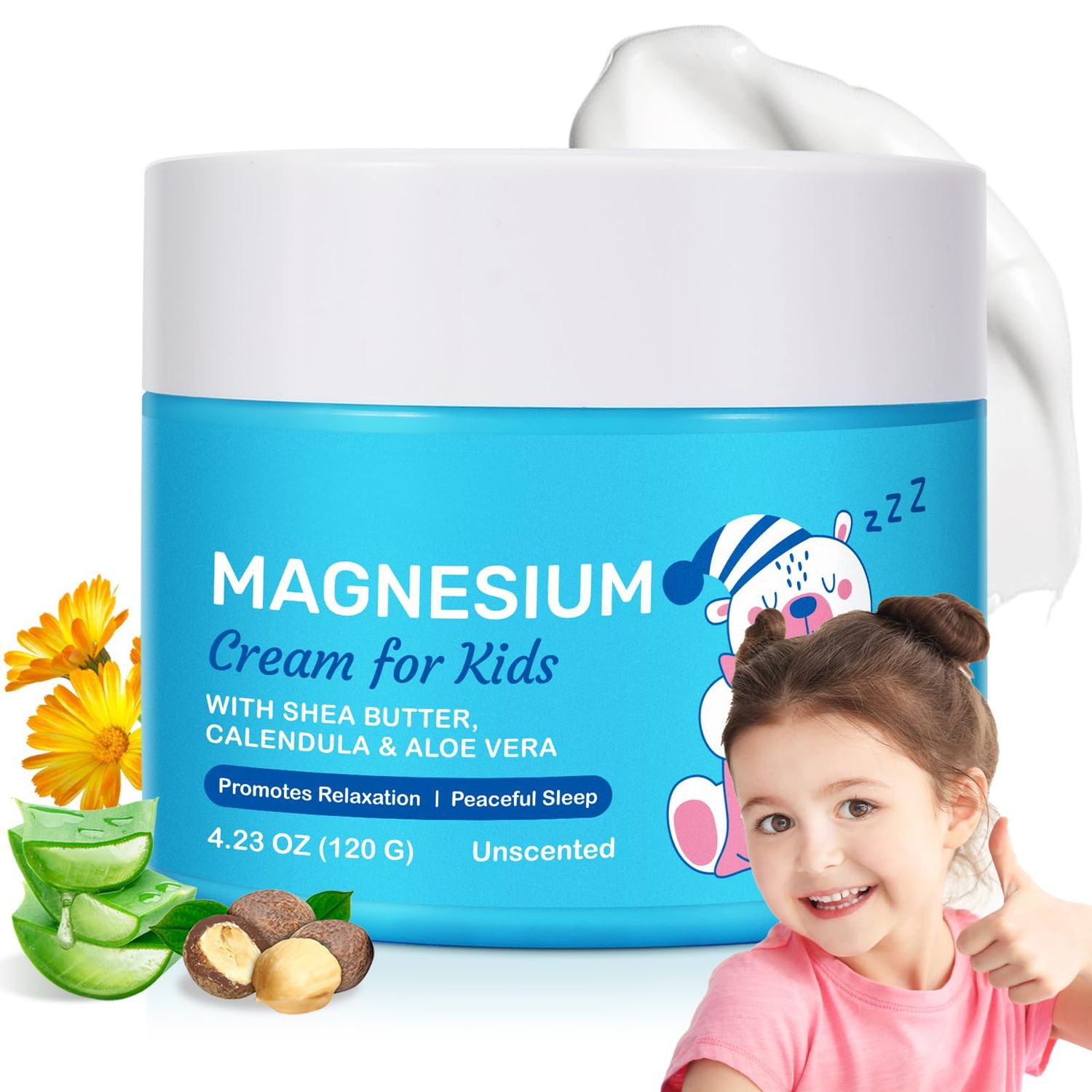 Magnesium Lotion for Kids Sleep Calm, Natural Bedtime Lotion Soothing Relief Relaxation, Topical Magnesium Cream with Calendula, Aloe Vera, Shea Butter, Babies, Toddlers Juniors