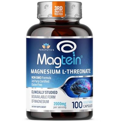 Magnesium L Threonate, Magtein , Brain Supplement for Memory, Focus, Sleep and Cognitive Support, High Absorption Magnesium L-Threonate, Non-GMO, No Laxative Effect - 2000 mg, 100 Vegan Capsules