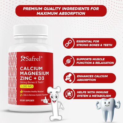 Safrel Calcium Magnesium Zinc with Vitamin D3, 300 Tablets - Calcium 1000 mg, Magnesium 400 mg, Zinc 20 mg D3 600 IU per Serving