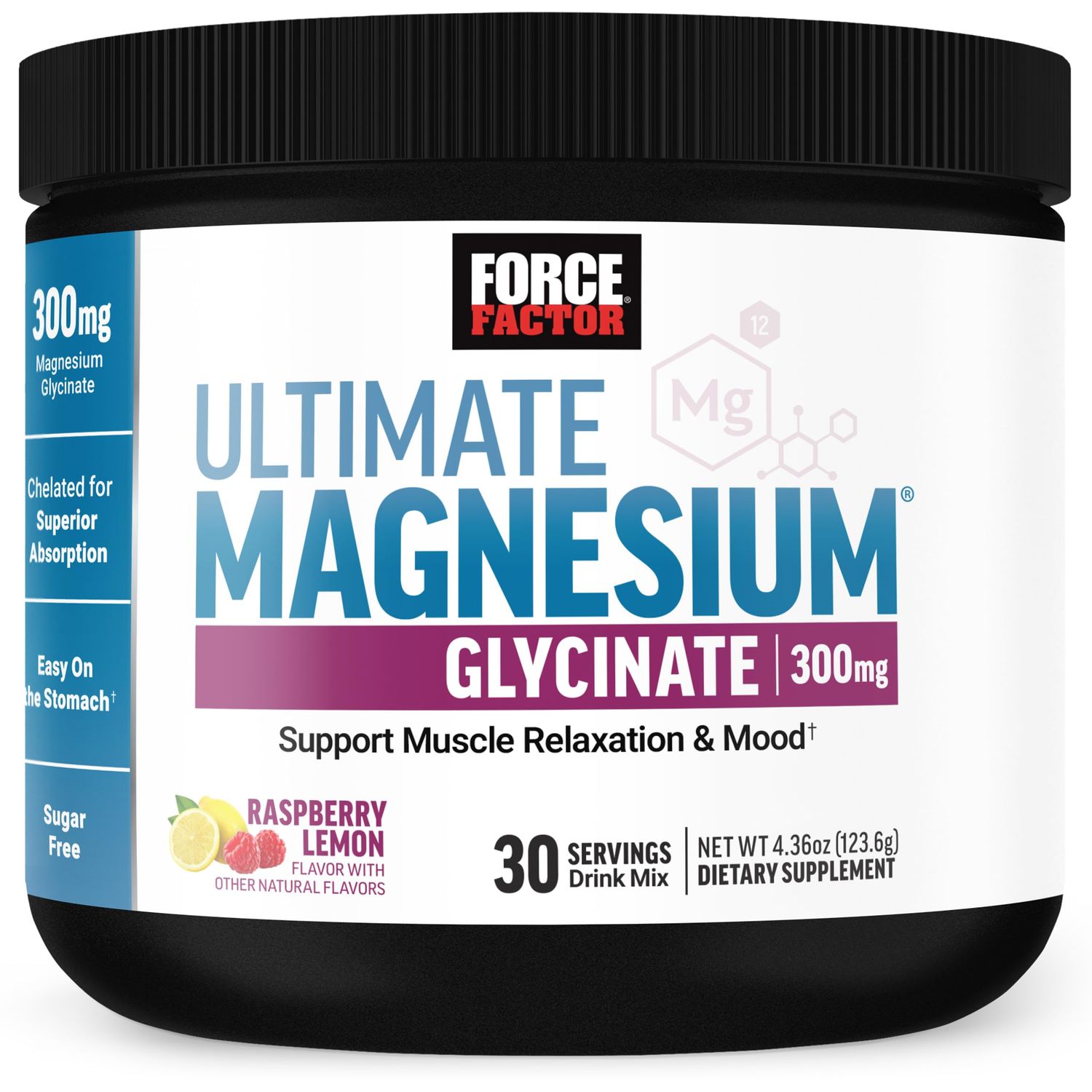 Force Factor Ultimate Magnesium Glycinate Powder 300mg, Support Relaxation Mood, Promote Bone Health, Chelated Magnesium Bisglycinate, High Absorption, Raspberry Lemon, 30 Servings