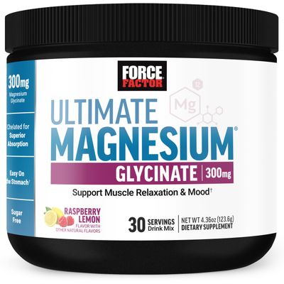 Force Factor Ultimate Magnesium Glycinate Powder 300mg, Support Relaxation Mood, Promote Bone Health, Chelated Magnesium Bisglycinate, High Absorption, Raspberry Lemon, 30 Servings