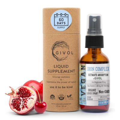 GIVOL Iron Supplement - 18mg Bisglycinate Complex with Vitamin C B12 for Energy Immunity Boost, Vegan Liquid Spray, Optimal Absorption - Non-GMO, Sugar-Free, (60 ml) 60 Days Supply