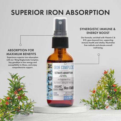 GIVOL Iron Supplement - 18mg Bisglycinate Complex with Vitamin C B12 for Energy Immunity Boost, Vegan Liquid Spray, Optimal Absorption - Non-GMO, Sugar-Free, (60 ml) 60 Days Supply