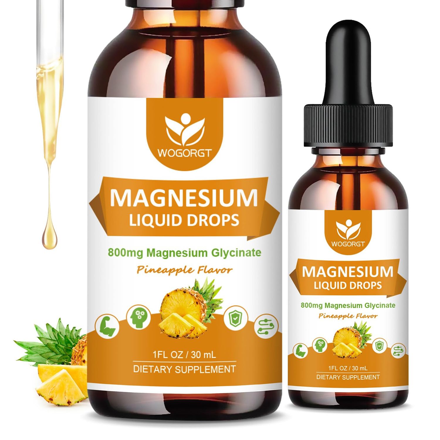 Magnesium Glycinate Liquid Drops with Citrate Taurate - Cognition, Muscle Focus, Liquid Magnesium Complex Supplement with Vitamin D3, GABA, L-theanine, Pineapple Flavor - 1 Fl Oz (2 Pack)