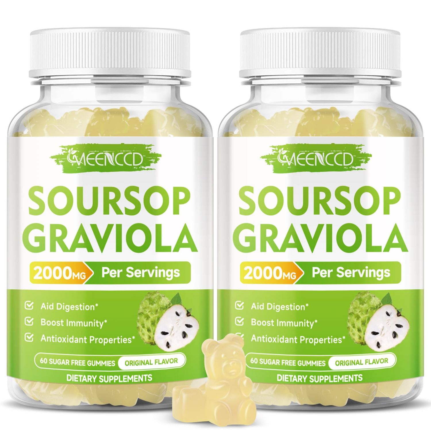 Sugar Free Soursop Graviola Gummies - 2000mg Soursop Leaves Fruit Extract wVitamin C Zinc for Cell Support Regeneration, Immunity Antioxidant - High - Absorption, Vegan, 120Cts