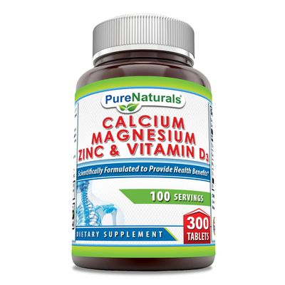 Pure Naturals Calcium Magnesium Zinc Vitamin D3 Supplement Calcium 1000mg, Magnesium 400mg, Zinc 25mg, Vitamin D3 600 IU Non-GMO Gluten Free (300 Tablets)