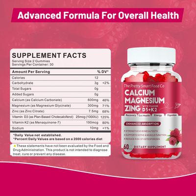 Calcium Magnesium Zinc Gummies with Vitamin D3 K2 for Bone, Muscle Immune Support - High Potency Enhanced Absorption - 60 Raspberry Gummies