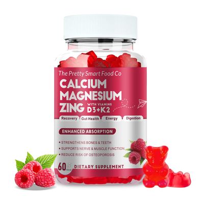 Calcium Magnesium Zinc Gummies with Vitamin D3 K2 for Bone, Muscle Immune Support - High Potency Enhanced Absorption - 60 Raspberry Gummies