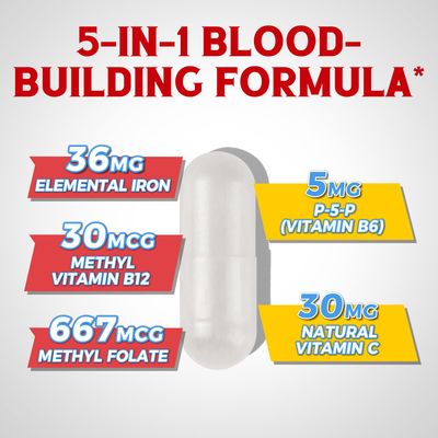 Iron Supplement for Women Men, with Vitamins C, B6, B12 Folate for Iron Deficiency, Blood Building Energy Support, Stomach Friendly, Better Absorption, Non-GMO, No Gluten, 60 Vegan Caps