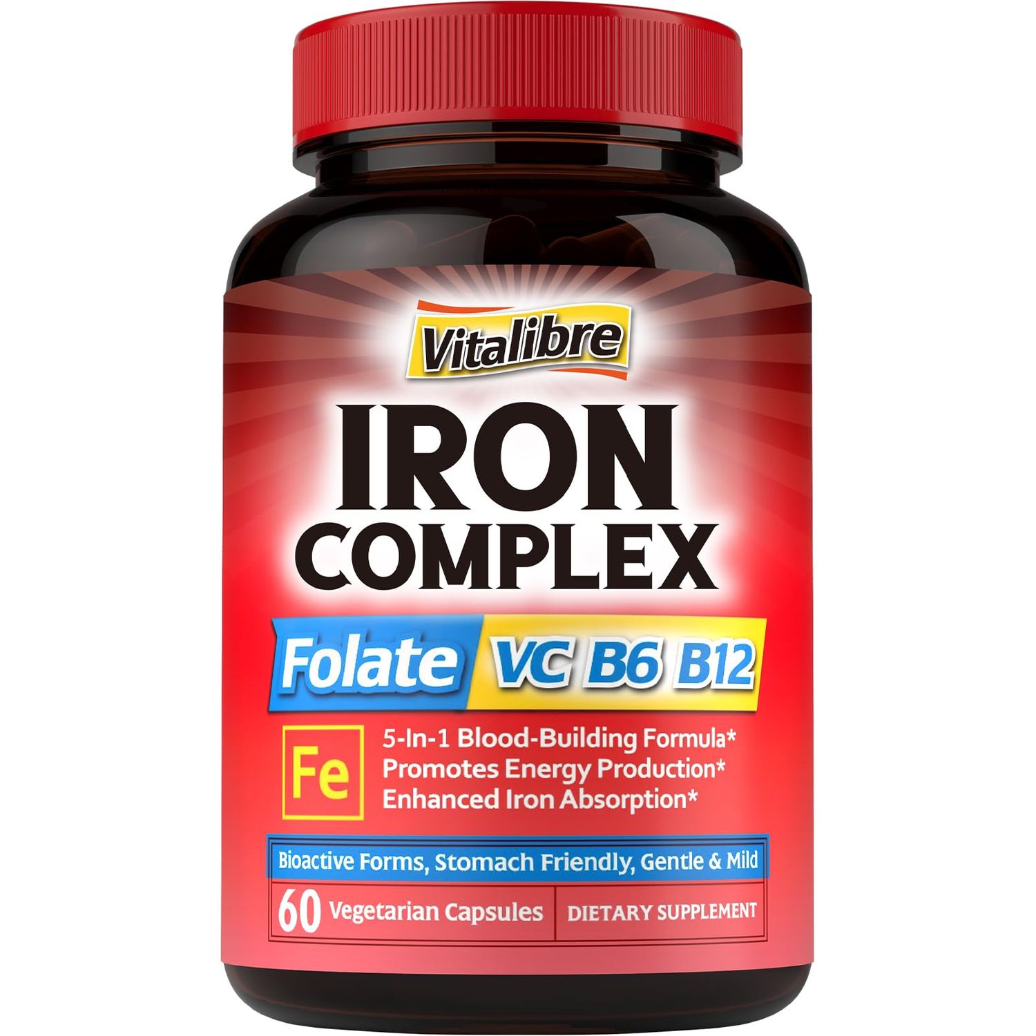 Iron Supplement for Women Men, with Vitamins C, B6, B12 Folate for Iron Deficiency, Blood Building Energy Support, Stomach Friendly, Better Absorption, Non-GMO, No Gluten, 60 Vegan Caps