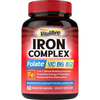 Iron Supplement for Women Men, with Vitamins C, B6, B12 Folate for Iron Deficiency, Blood Building Energy Support, Stomach Friendly, Better Absorption, Non-GMO, No Gluten, 60 Vegan Caps