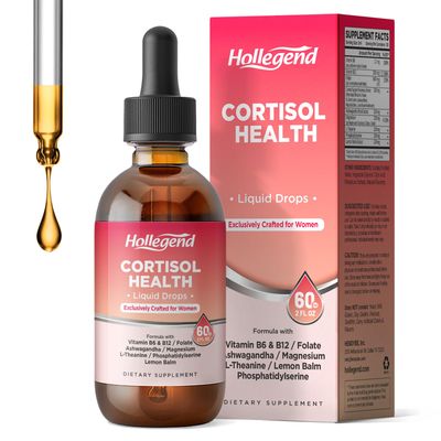 HOLLEGEND Cortisol Supplement Liquid Drops, Lower Cortisol Supplements for Women, 16 in 1 Cortisol Reducer w. Ashwagandha, Magnesium, L-Theanine, Folate for Relaxation Hormone Balance, Strawberry
