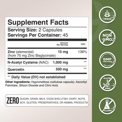 Gade Nutrition NAC Supplement n-Acetyl cysteine with Quercetin Zinc Immune Support Supplement with n Acetyl cysteine Vegetable Capsules USA Made