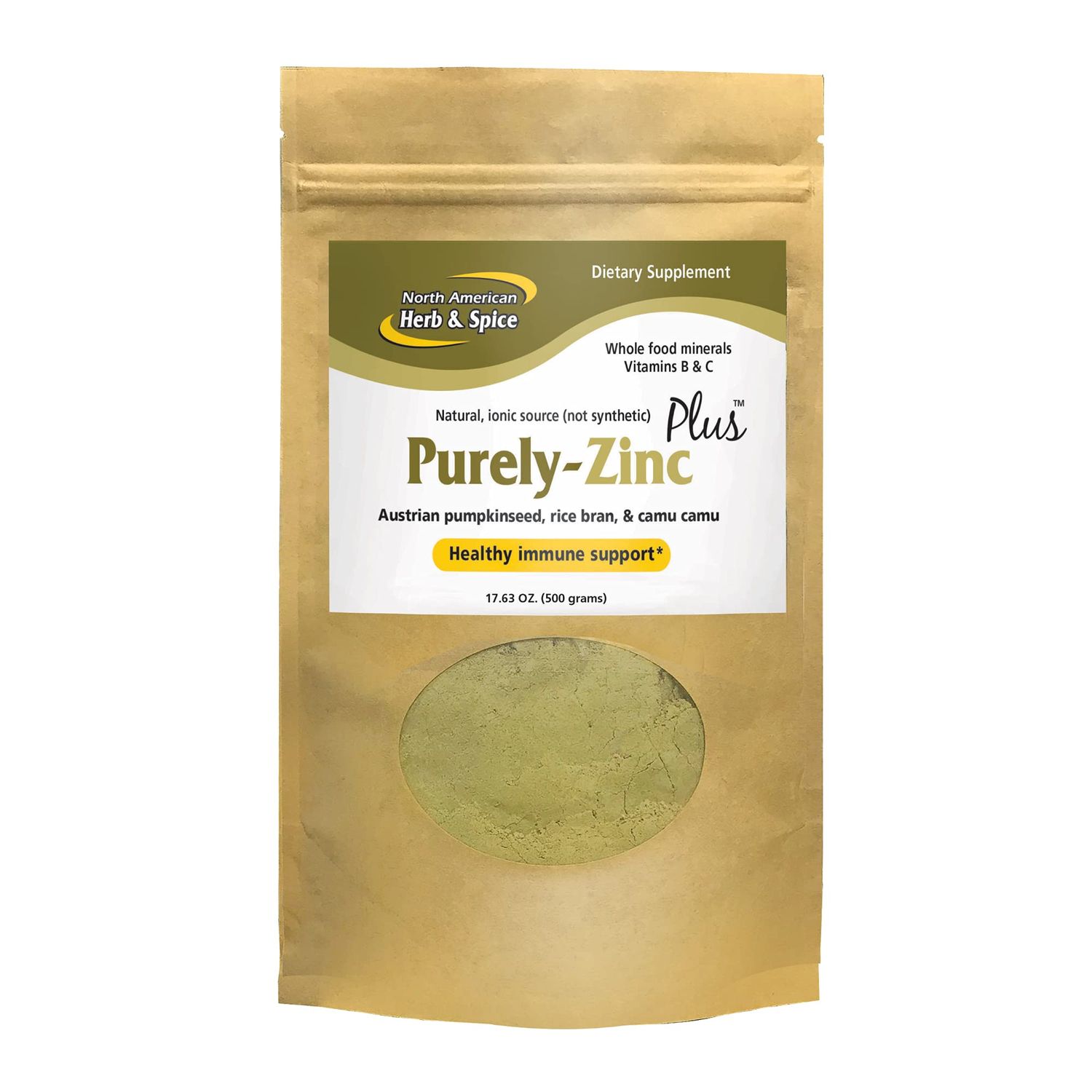 North American Herb Spice Purely-Zinc Plus - 17.63 oz - Whole Food Zinc Supplement - Healthy Immune Support - Austrian Pumpkin Seed, Rice Bran Camu Camu - Non-GMO - 18 Servings