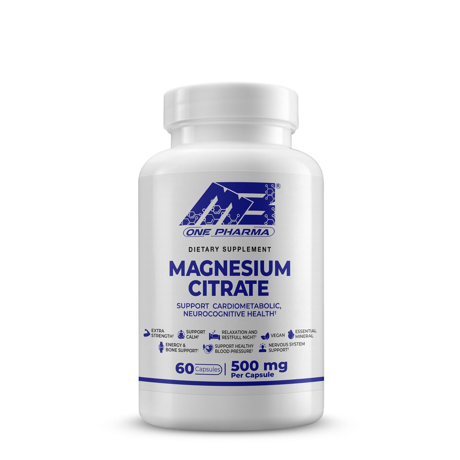 MB One Pharma-Magnesium Citrate(500mg) Highly Absorbable-for Healthy Bones,Supports Nerve and Muscle Functions,Supplement for Sleep,Heart and Cognitive Health,Digestive Support,Vegan,60 Day Supply